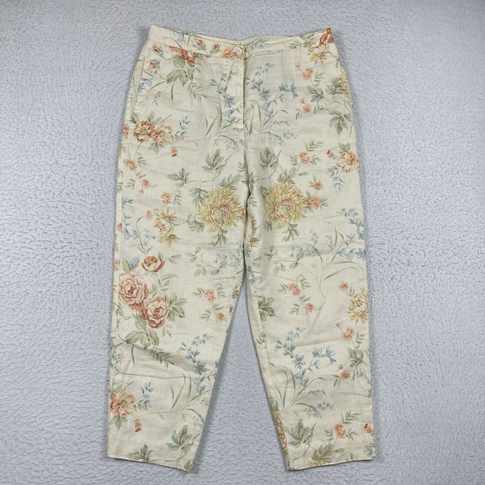Talbots Pants Womens 12 Cream Floral Linen Lined Vintage USA Mature‎ Career Work